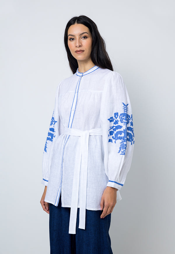 Choice Embroidered Print Shirt With Belt Offwhite