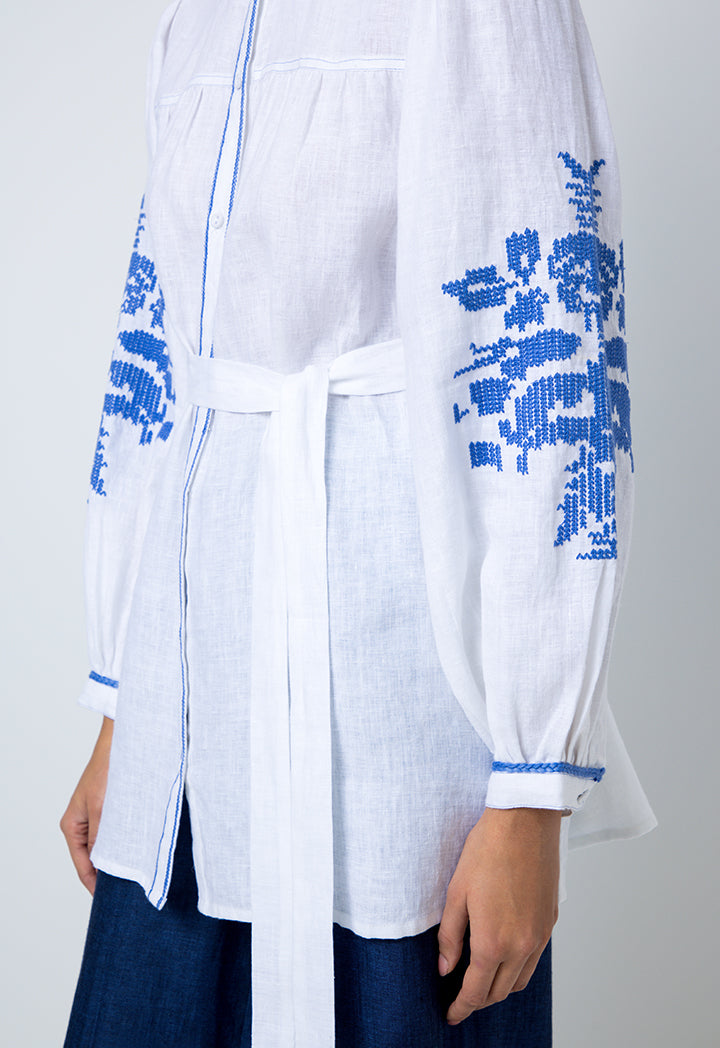 Choice Embroidered Print Shirt With Belt Offwhite