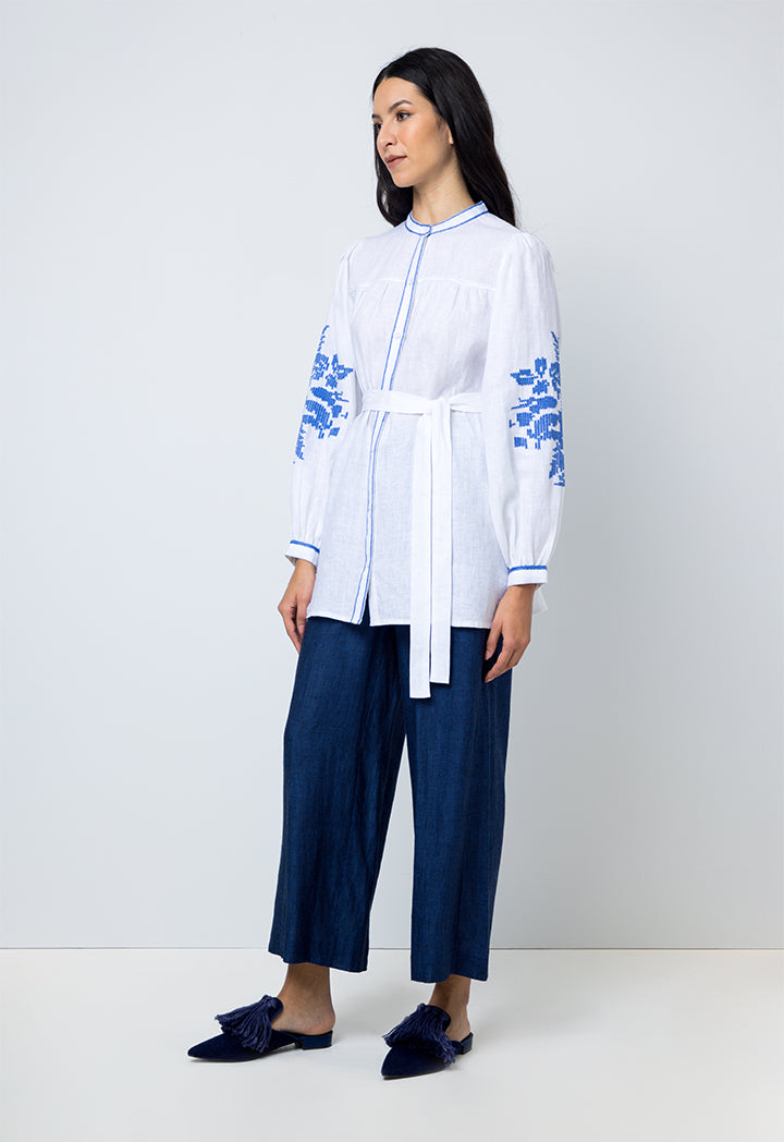 Choice Embroidered Print Shirt With Belt Offwhite