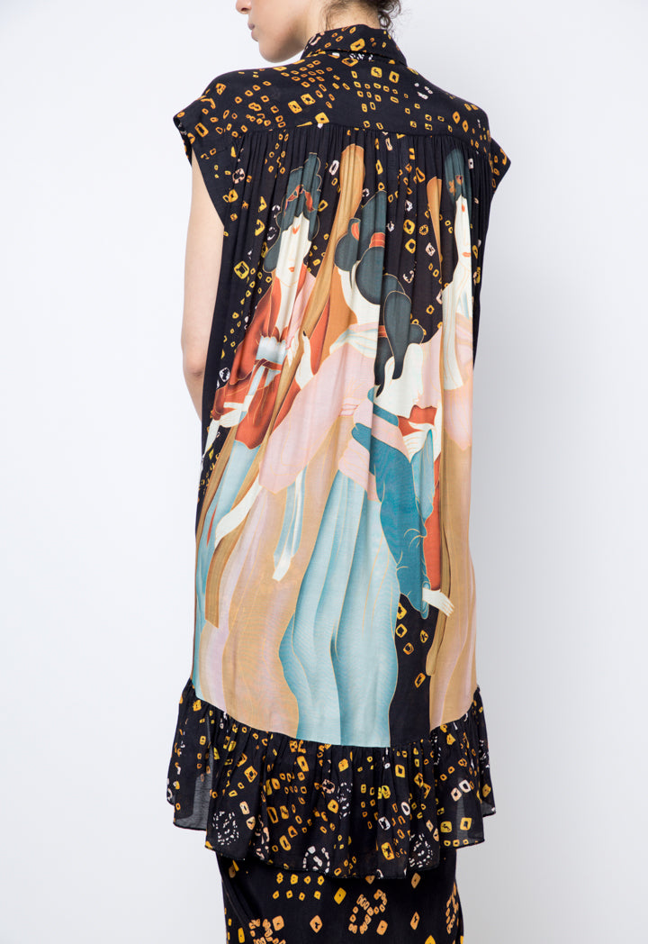 Choice Sleeveless High-Low Shirt Collar Blouse  Printed Multi