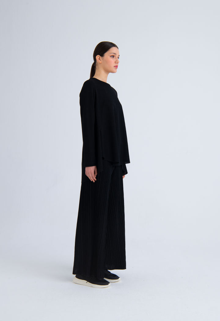 Choice Solid Color Knitted Pleated Culottes Black