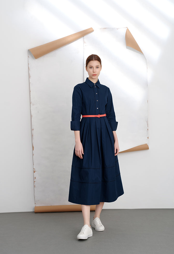 Choice Solid Dress With Pleated Waist Navy