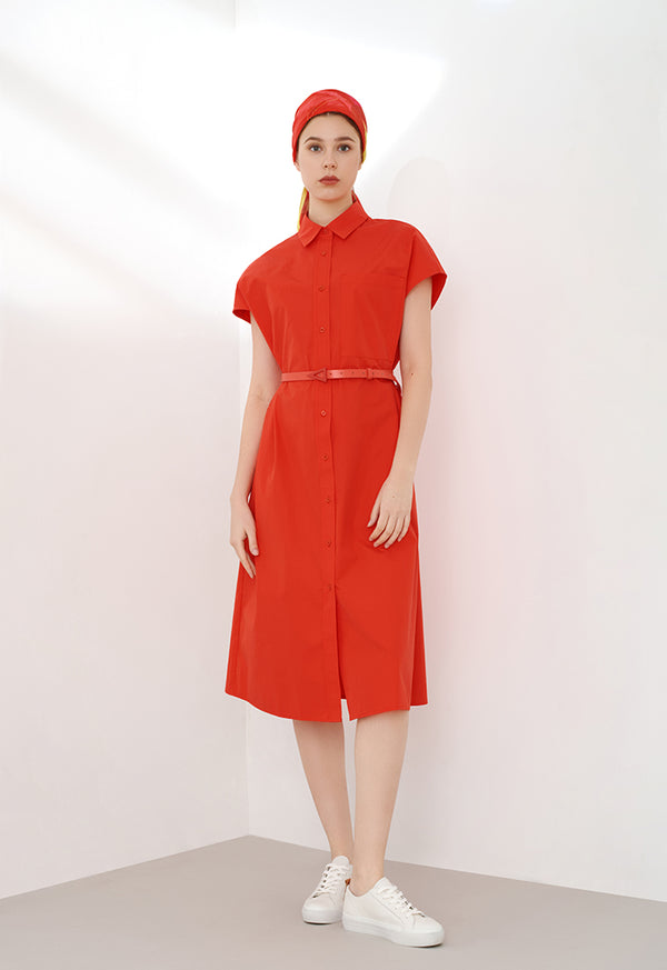 Choice Solid Shirt Dress With Belt Coral Red