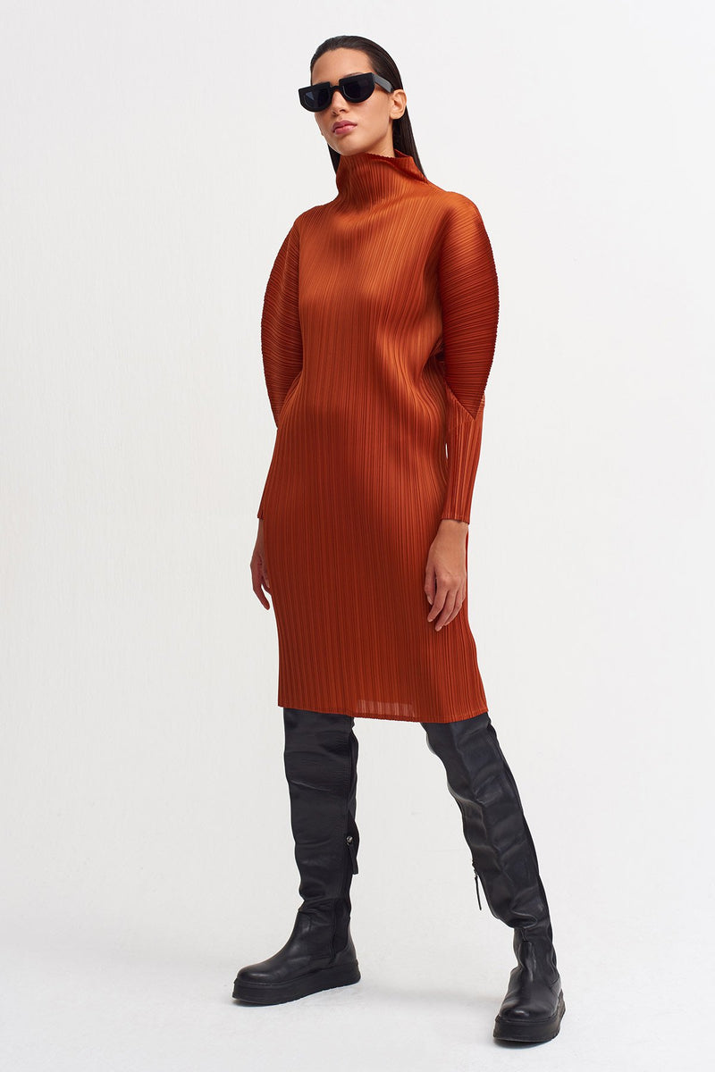 Nu Detailed Sleeve Pleated Dress Terra Cotta