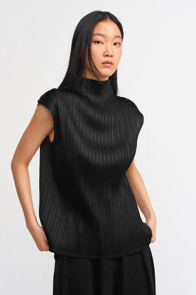 Nu Electric Pleated High Neck Solid Top Black