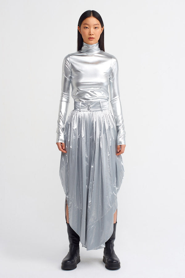 Nu Pleated Shiny Pants With Side Slit Platinum