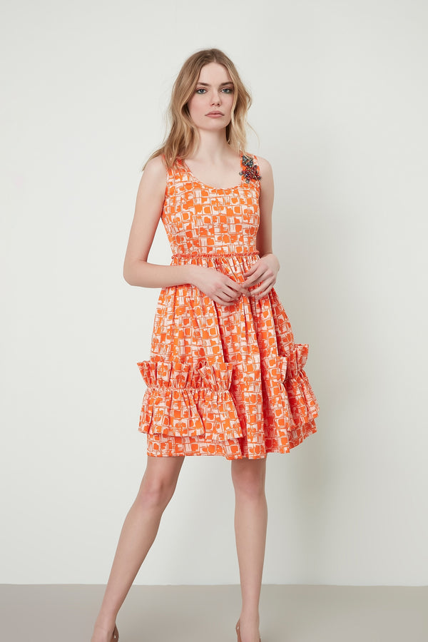 Machka Printed Sleeveless Shoulder-Embellished A-Line Mini Dress Orange