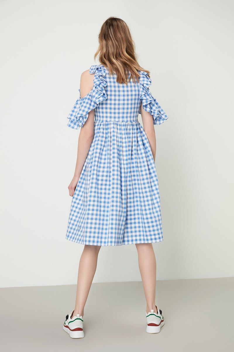 Machka Checkered Cold Shoulder With Ruffle Detail A-Line Short Dress Sky Blue