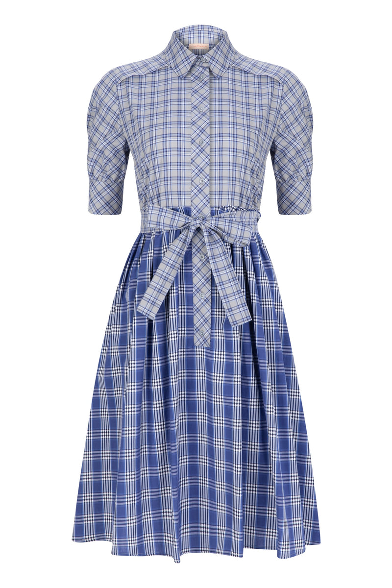 Machka Checkered Short Sleeve Belted A-Line Short Shirt Dress Cobalt