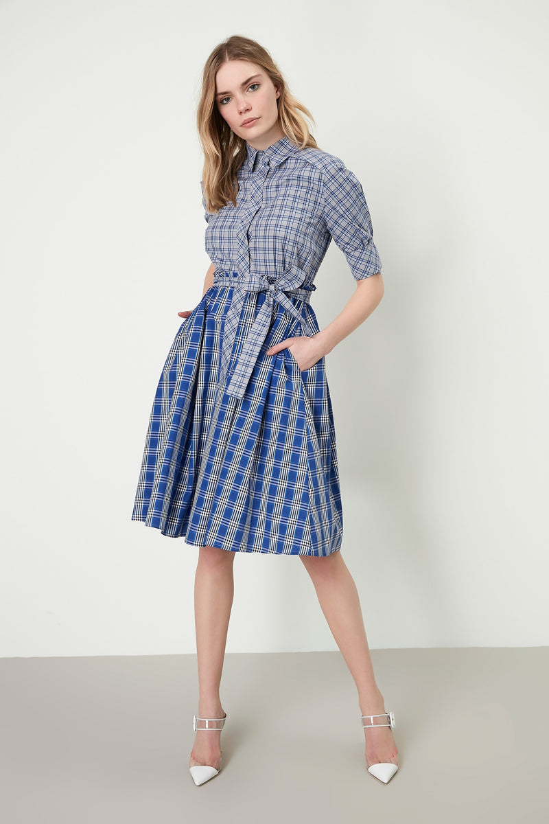 Machka Checkered Short Sleeve Belted A-Line Short Shirt Dress Cobalt