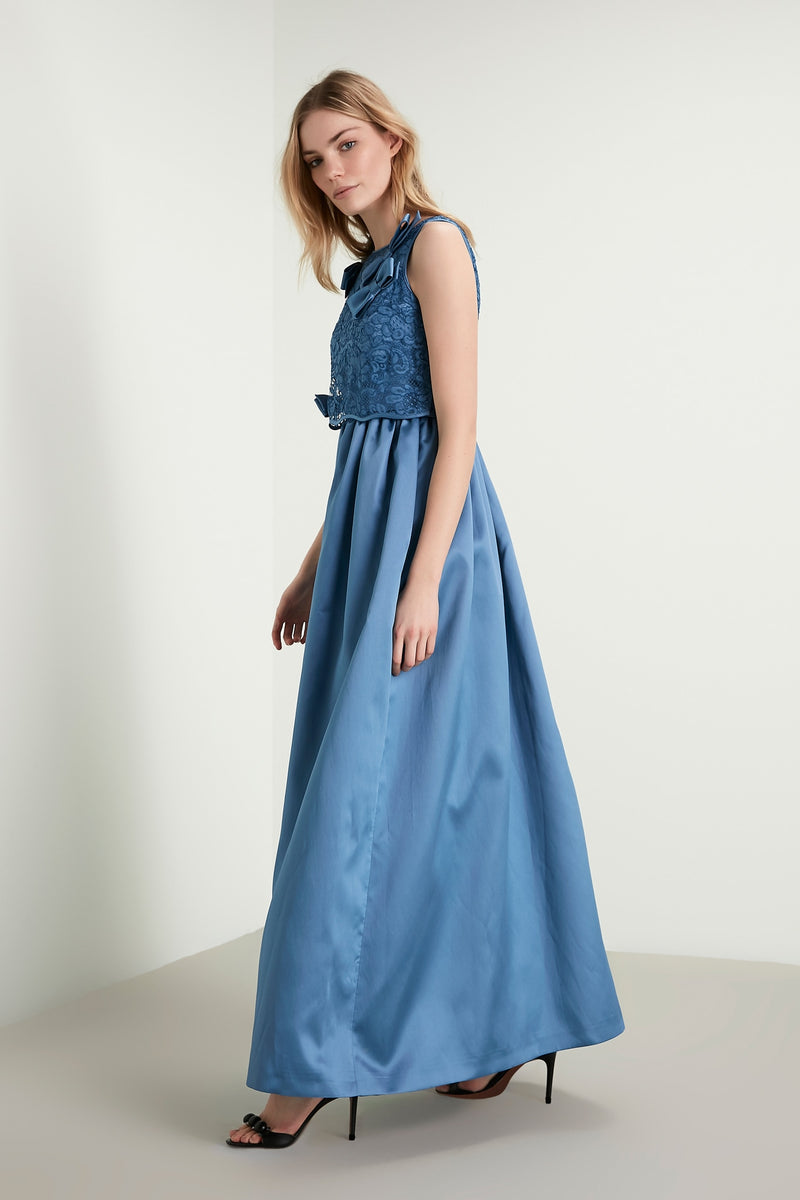 Machka Sleeveless Bow-Front Lace Detail A-Line Long Dress Blue