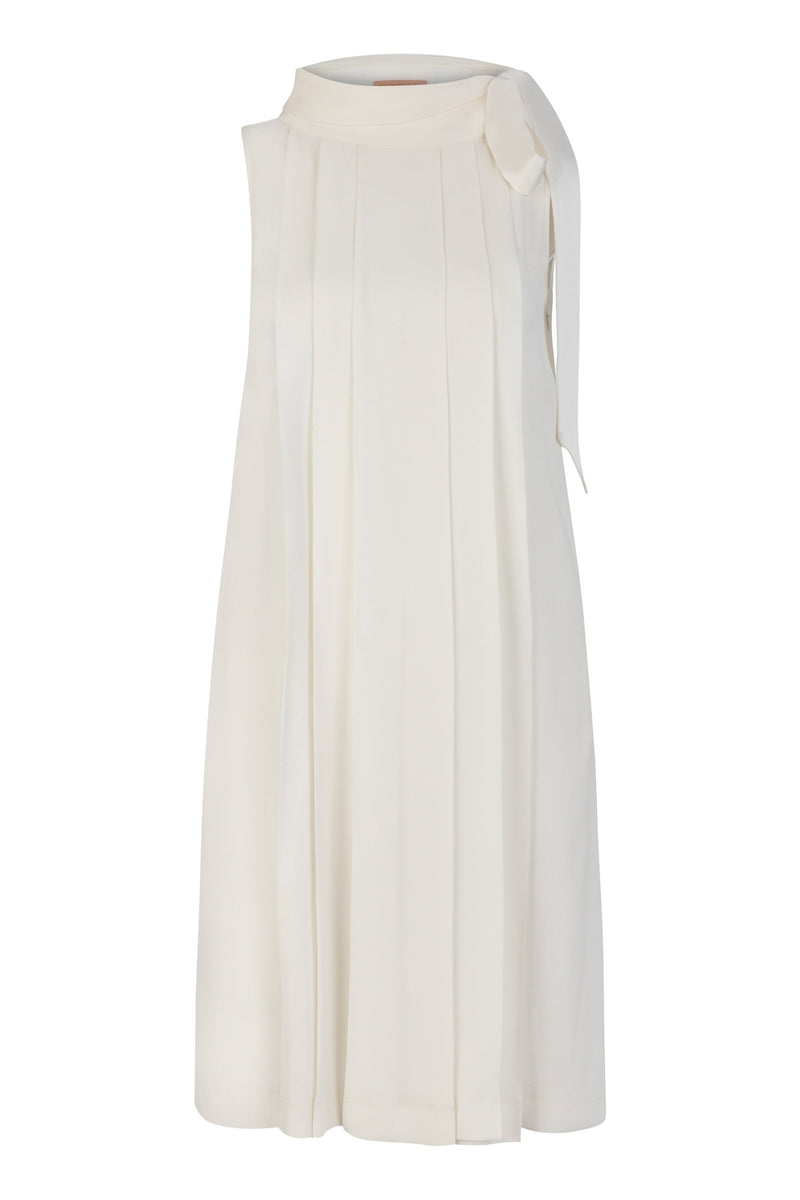 Machka Tie Detail Pleated Dress Off White