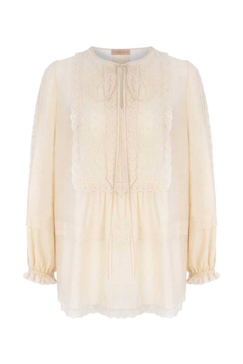 Machka Long Sleeve Lace Detail Blouse Cream