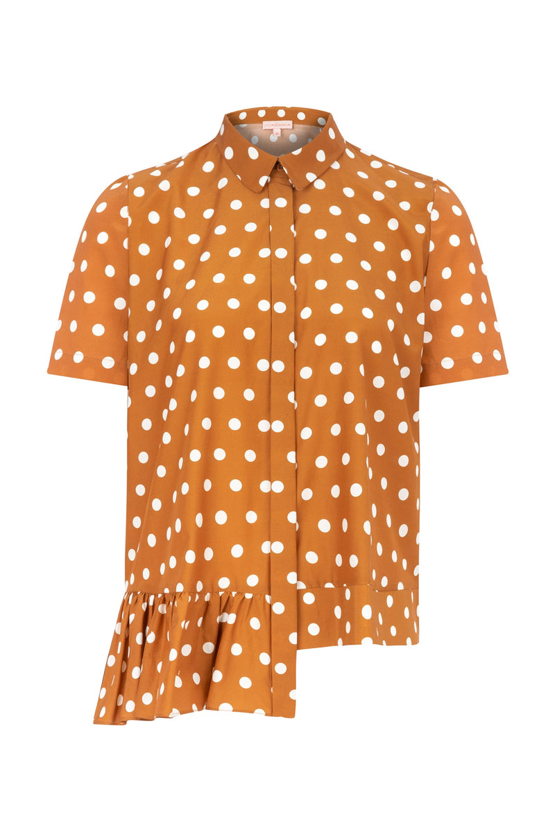 Machka Polka Dot Short Sleeve Asymmetrical Hem Blouse Brick