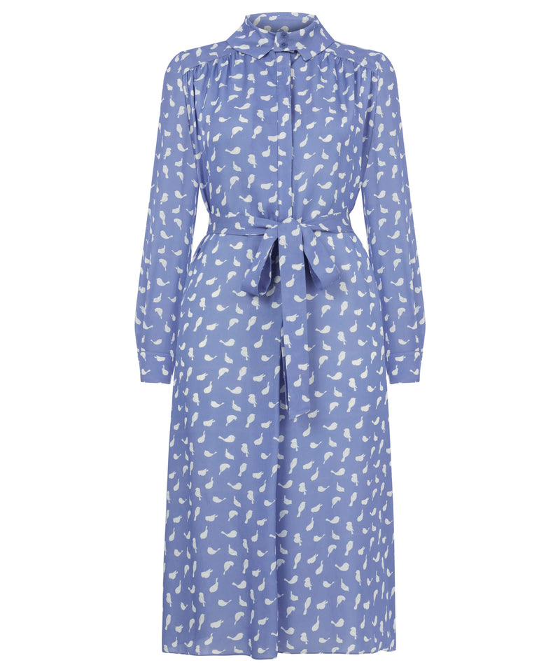 Machka Bird Pattern Belted Dress Sky Blue