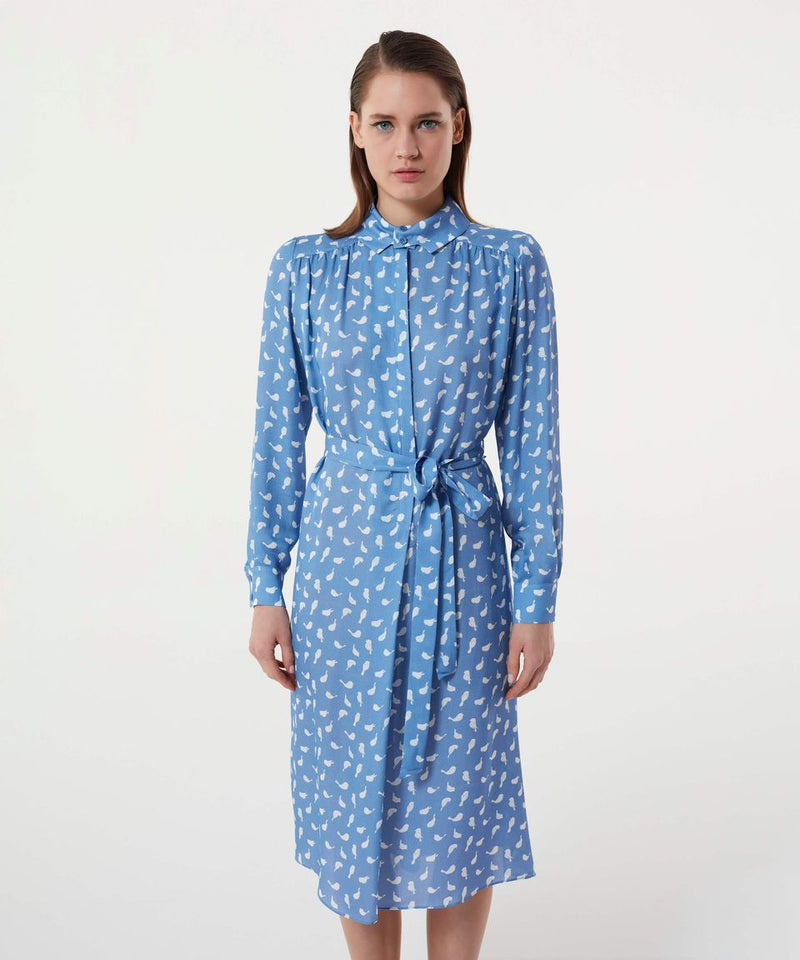 Machka Bird Pattern Belted Dress Sky Blue