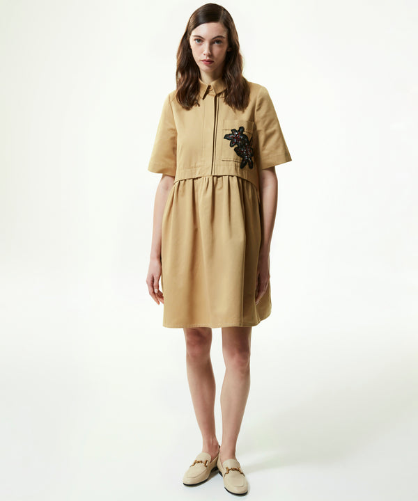 Machka Floral Module-Embroidered Twill Dress Tobacco Leaves