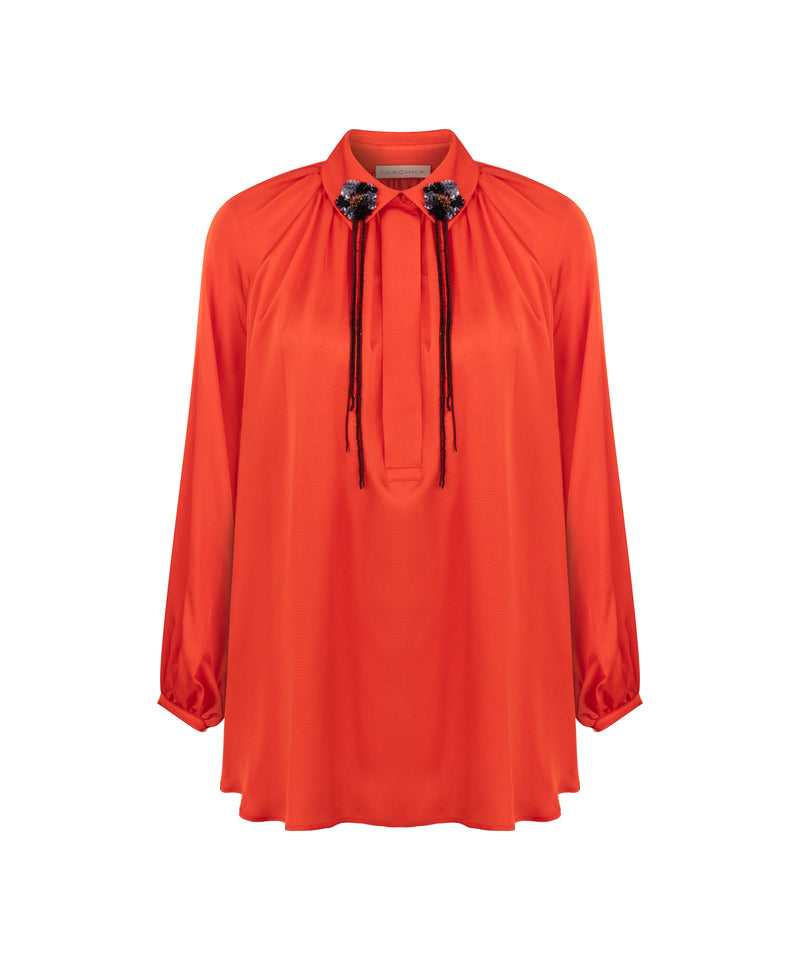 Machka Wide Cut Blouse With Floral Module Embroidered Orange