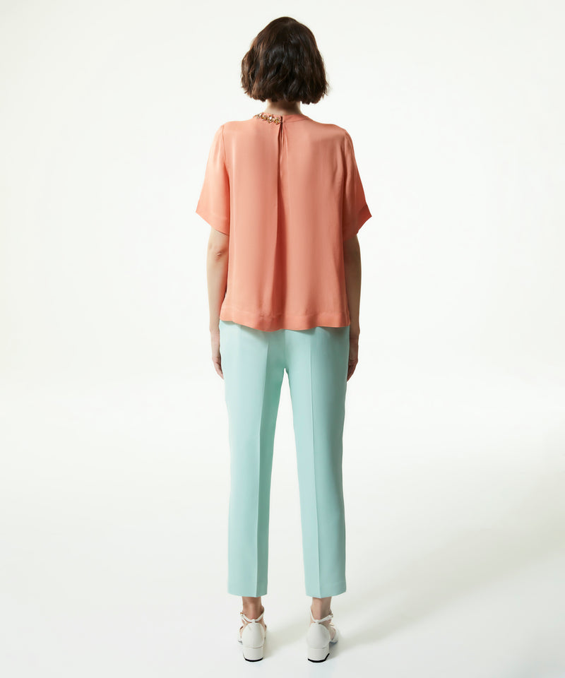 Machka Crystal-Stone Shirred Blouse Salmon