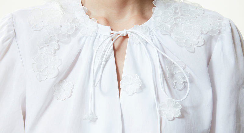 Machka Organza Flower-Embroidered Blouse White