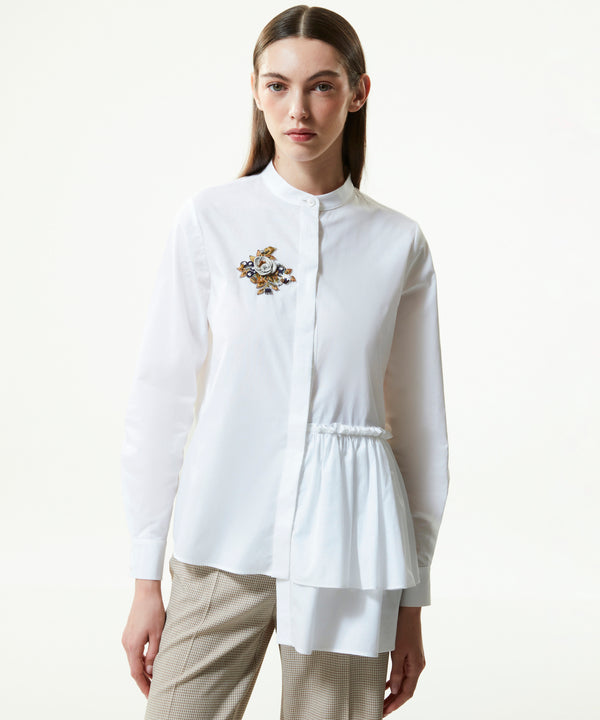 Machka Asymmetrical Ruffled Floral-Embroidered Shirt White