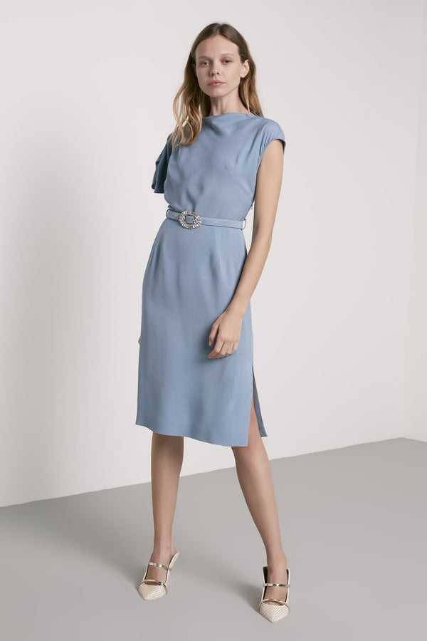 Machka Asymmetrical Sleeve Belted Dess Light Blue