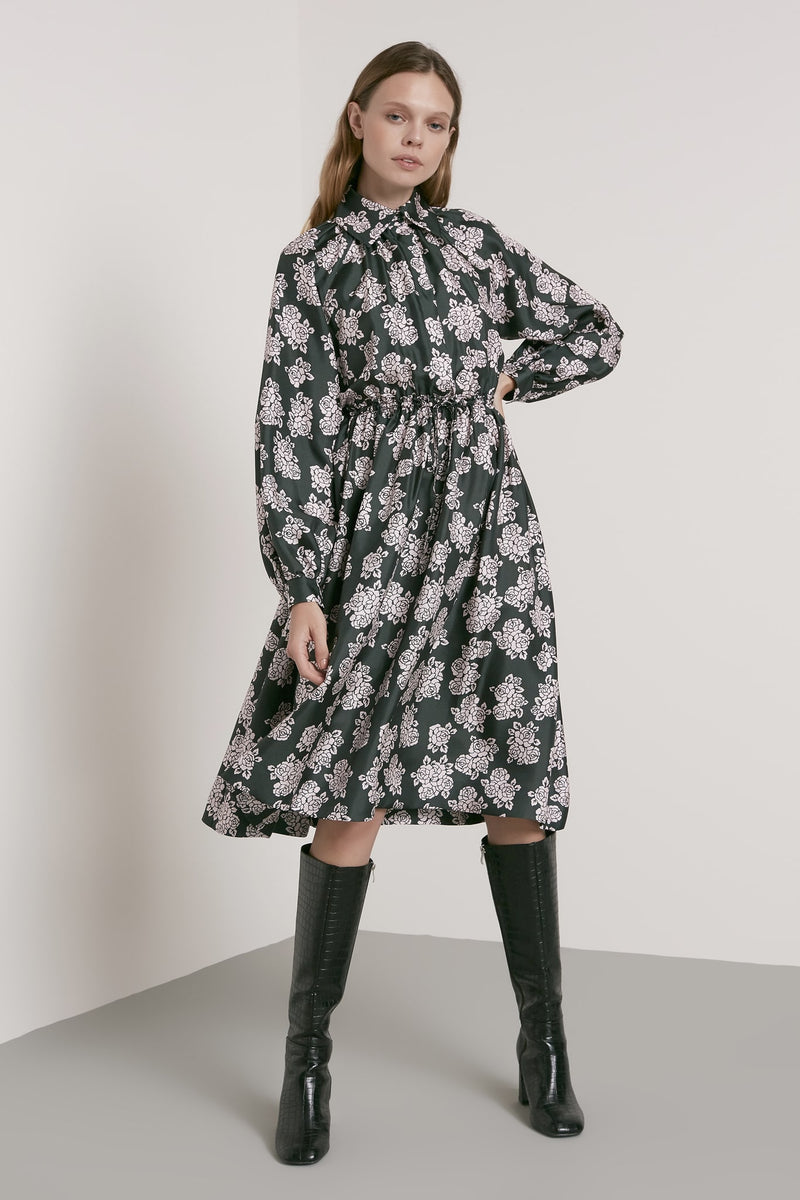 Machka Floral Print Long Sleeve Dress Dark Green