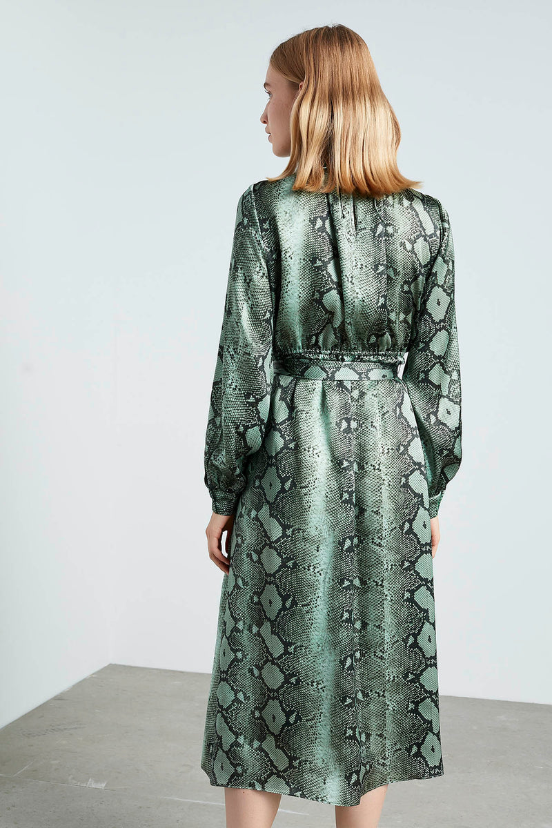 Machka Snake Print Long Sleeve Midi Dress Petroleum