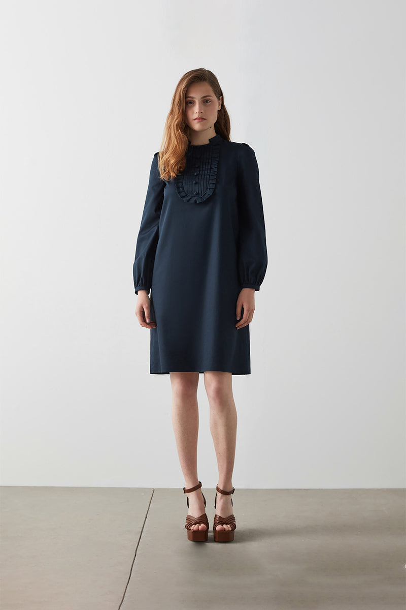 Machka Pleated Bib Detail Dress Navy