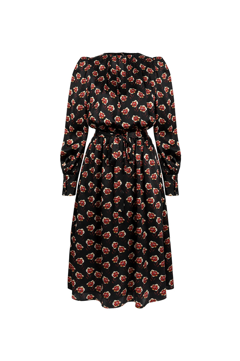 Machka Rose Pattern Silk Twill Dress Black