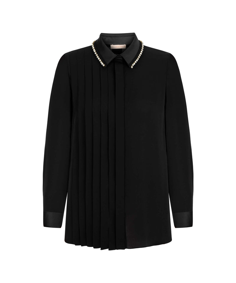 Machka One Panel Pleated Rhinestone Blouse Black