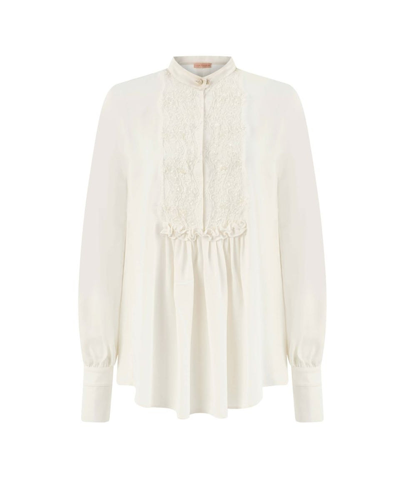 Machka Lace Yoked Solid Classic Blouse Off White