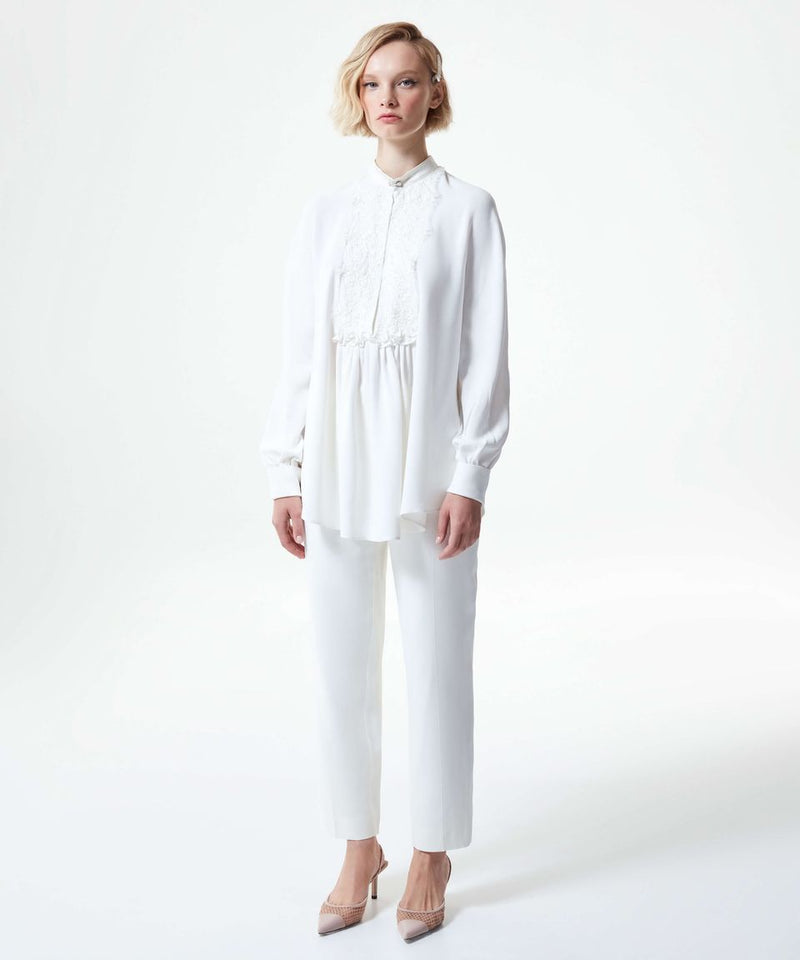 Machka Lace Yoked Solid Classic Blouse Off White