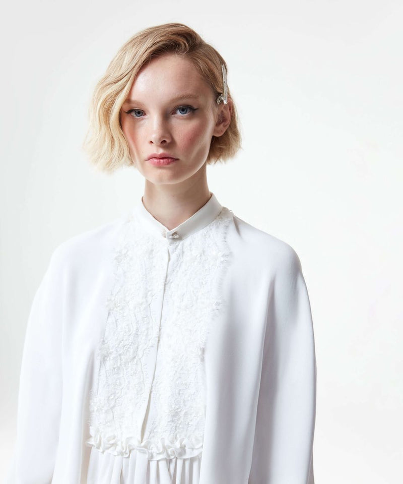 Machka Lace Yoked Solid Classic Blouse Off White