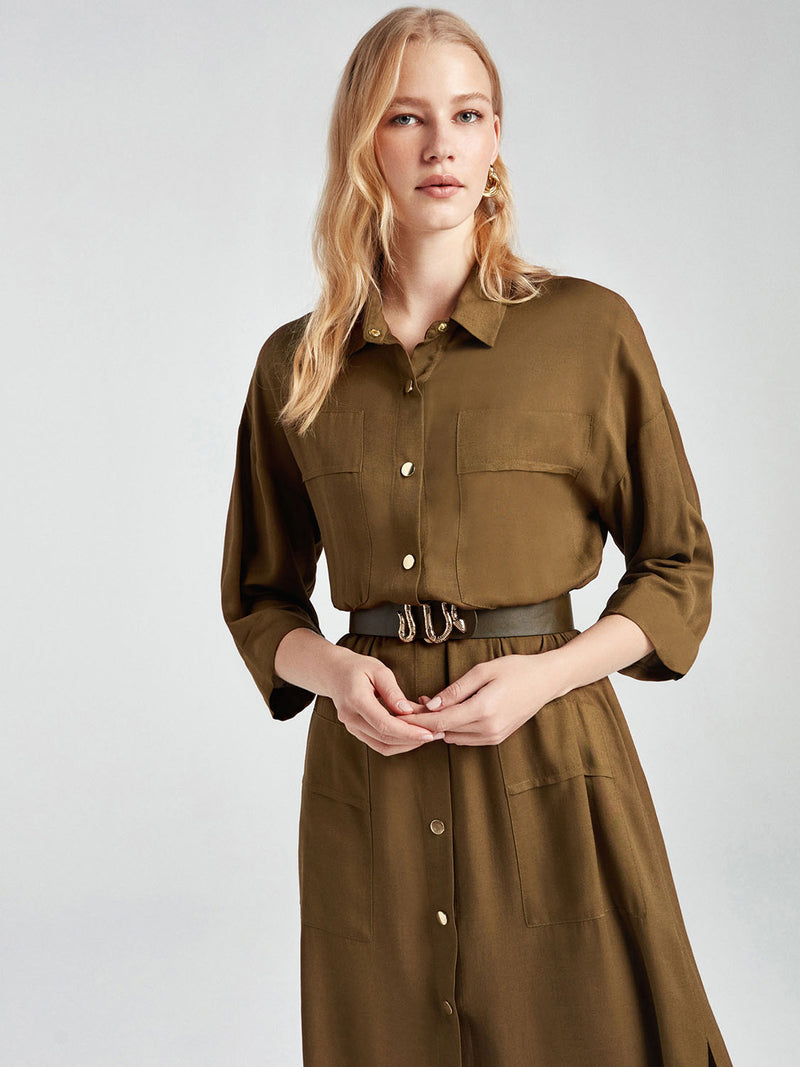 Nocturne Dress Shirt +Belt L/S Khaki - Wardrobe Fashion