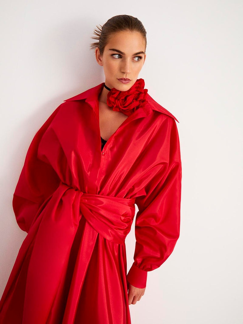 Nocturne Belted Taffeta Dress Red