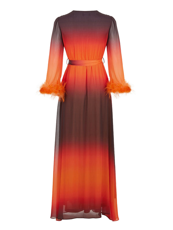 Nocturne Feathered Cuff Flowy Dress Orange