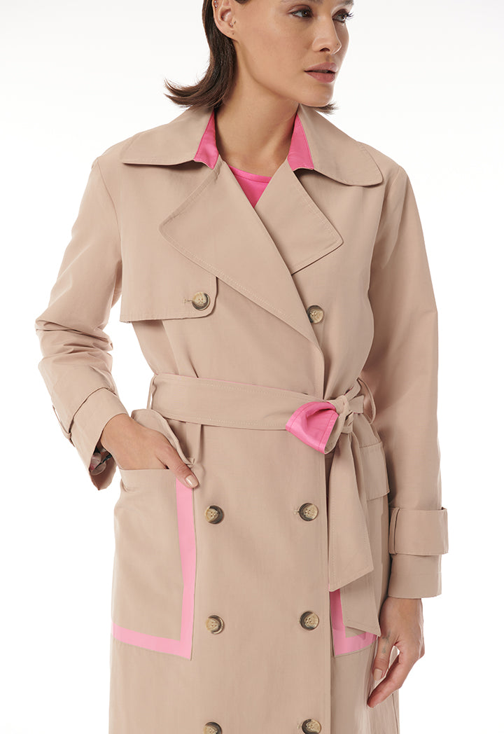 Choice Double Breasted Coat With Self Belt Beige