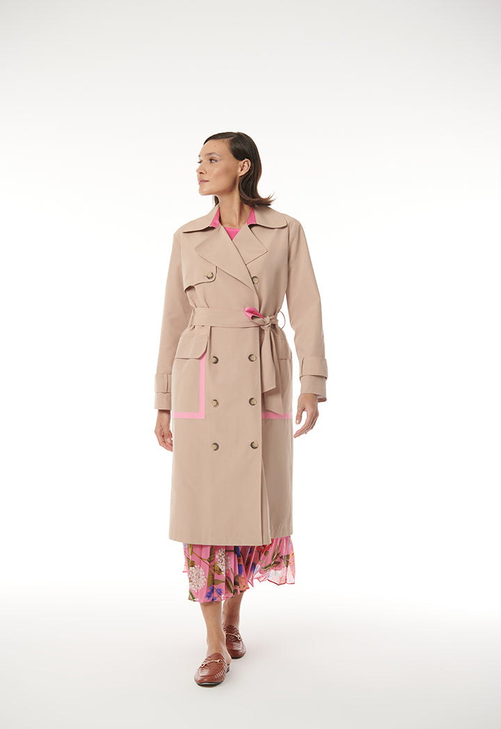 Choice Double Breasted Coat With Self Belt Beige