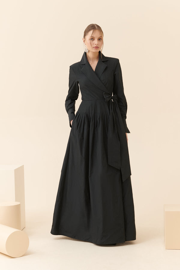 Roman Wrapped Detail Evening Long Dress Black