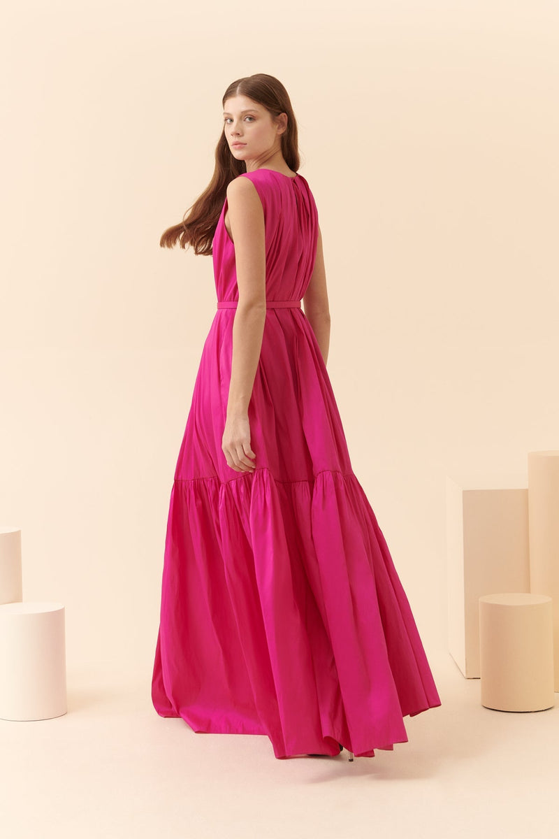 Roman Belt Detailed Taffeta Evening Dress Fuchsia