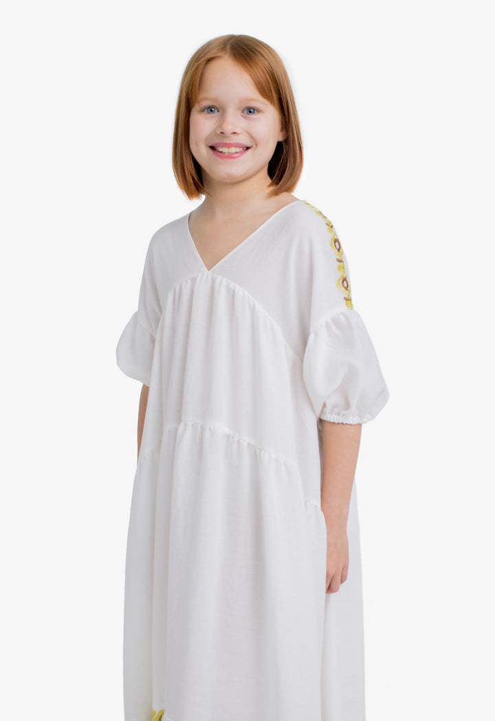 Choice Kids Solid Embroidered Short Sleeves Dress Offwhite