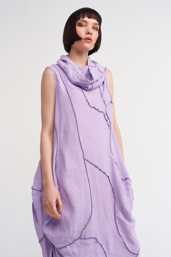 Nu Stitching Detailed Linen Dress Purple