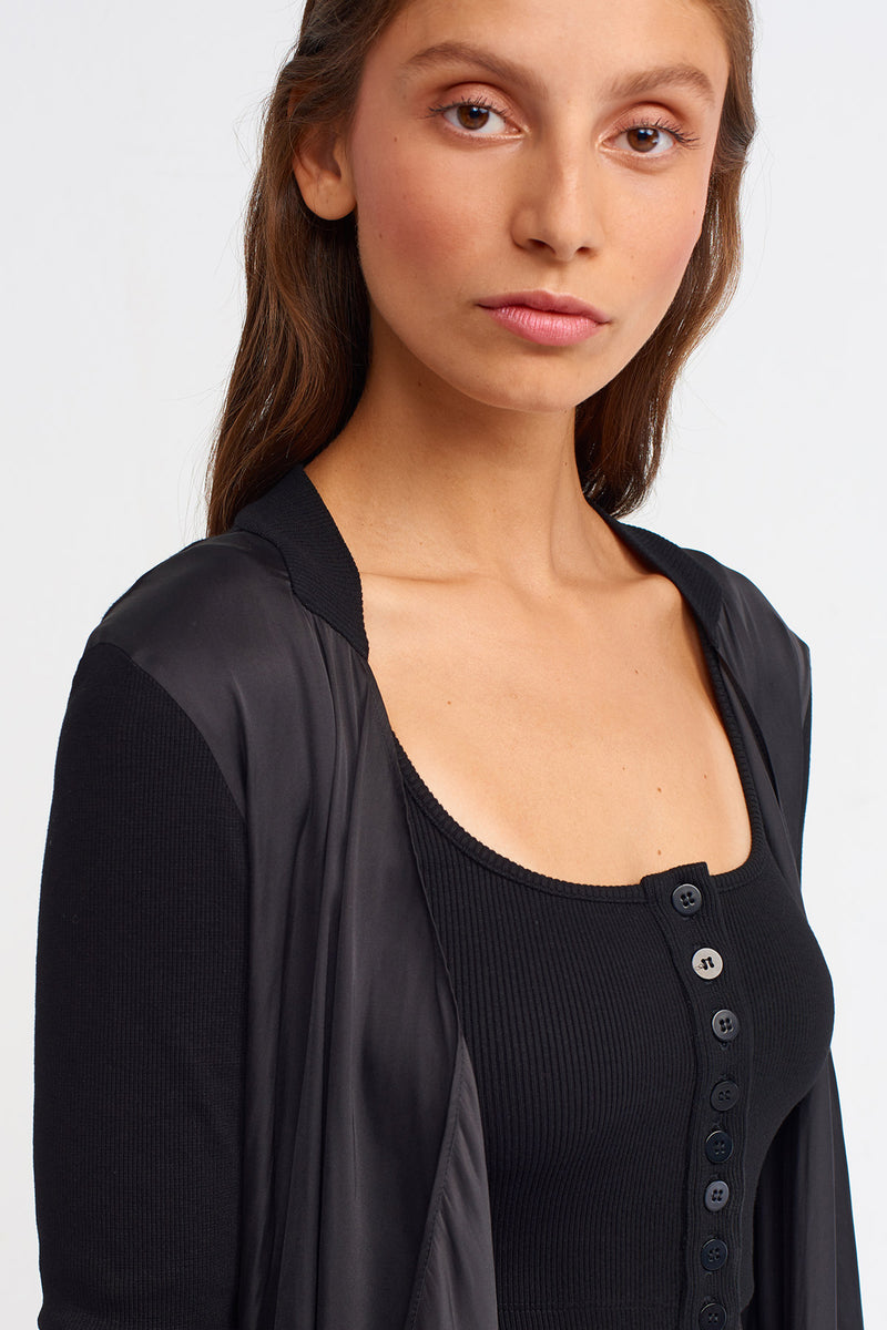 Nu Ribbed Detail Solid Cardigan Black