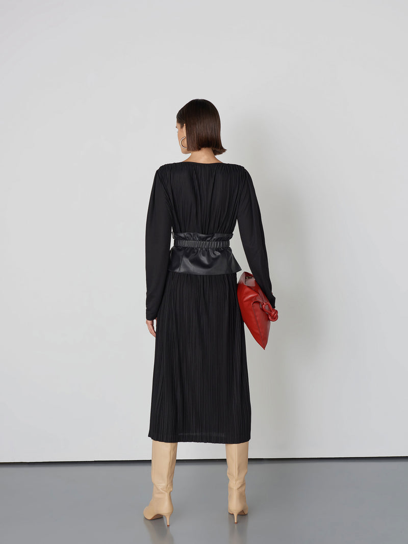 Baqa Pleated Dress With Leather Belt Black