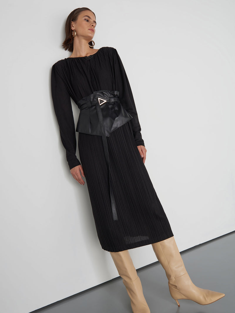 Baqa Pleated Dress With Leather Belt Black