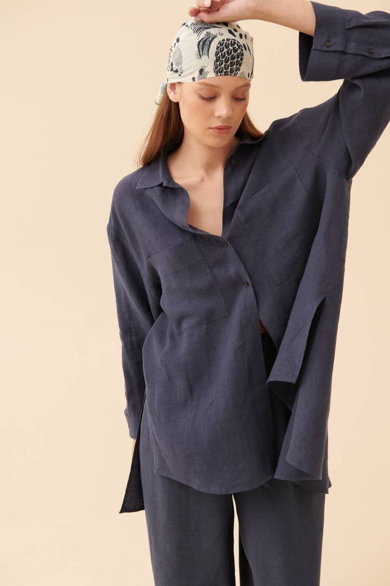 Roman Solid High Low Shirt Navy Blue